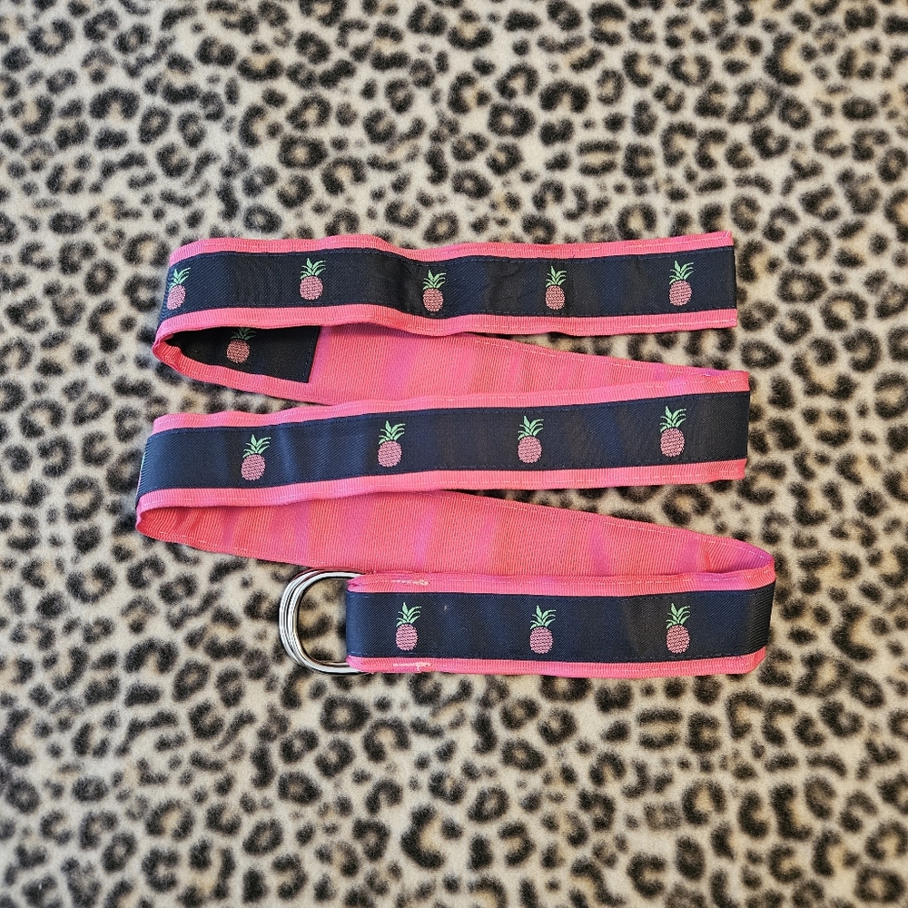 Eliza B Navy and Pink Pineapple Grosgrain Ribbon Classic D-Ring Belt Size L, GUC